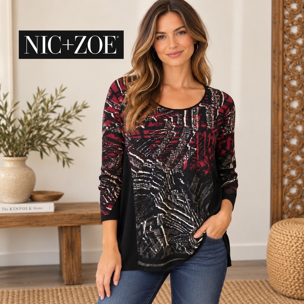 NIC+ZOE Abstract Intarsia Knit Sweater Burgundy Black White Long Sleeve Size 1X